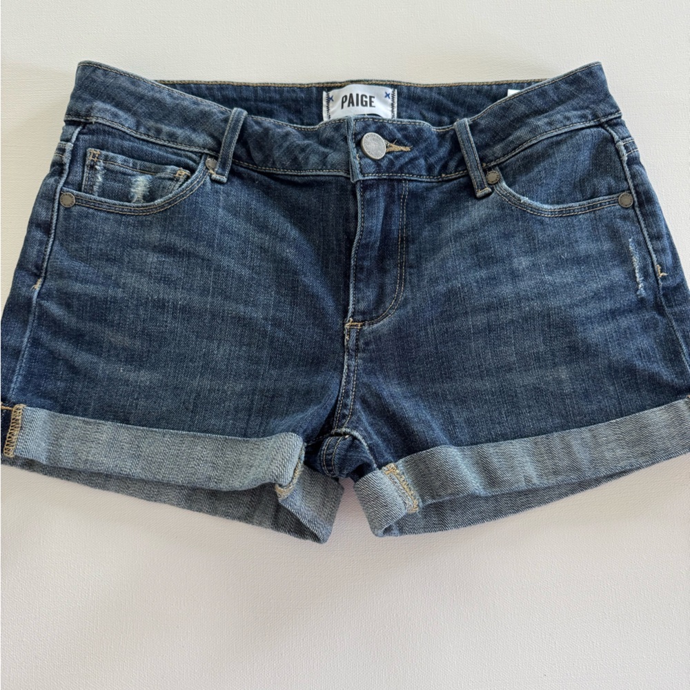 PAIGE Jimmy Jimmy Candace Blue Denim Shorts with Brown Label